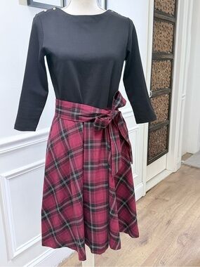 Hope & Henry Plaid Fit & Flare French Skater Dress Organic Cotton Ponte Belted 6